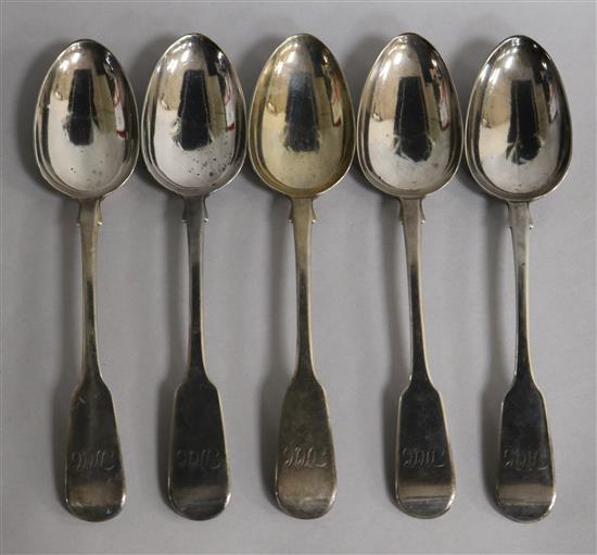 A set of five Victorian silver fiddle pattern table spoons, Elizabeth Eaton, London, 1865, 11.5 oz.